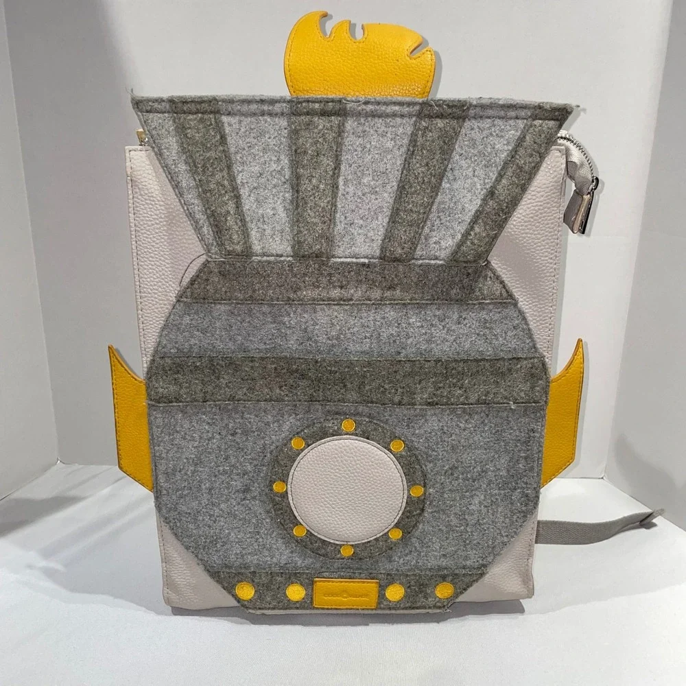 Coco Village Rocket Ship Backpack Grey Yellow Faux Leather Felt Space Bag